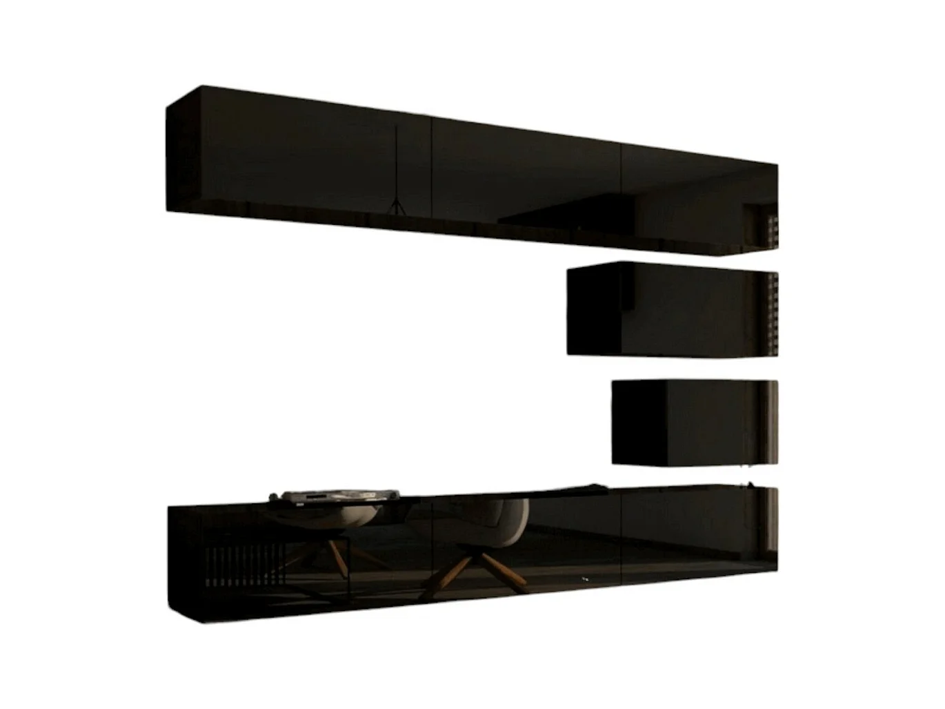 Ensemble de meubles de salon noir suspendus collection CEPTO XVI 249cm, 8 meubles, modulables.
