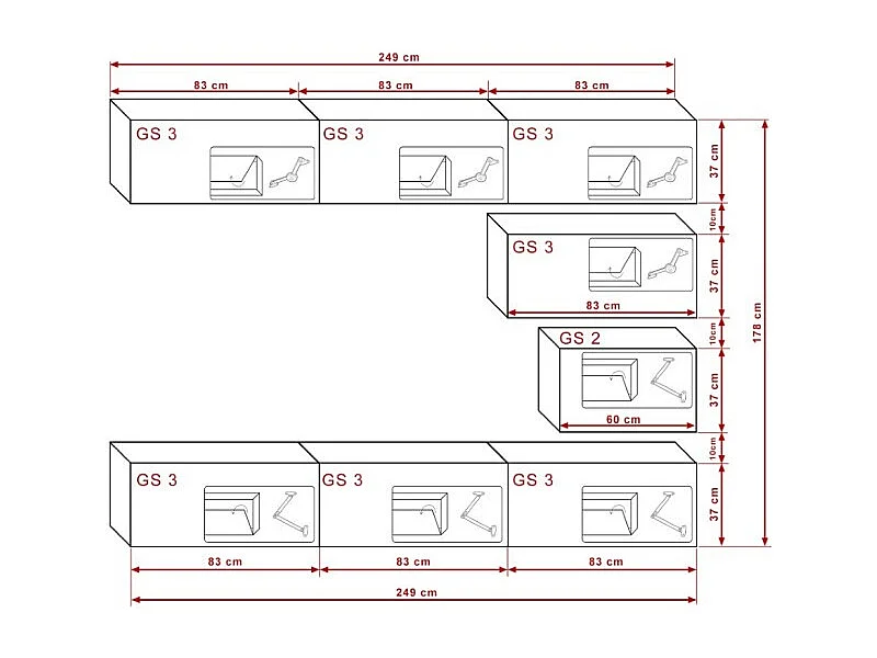Ensemble de meubles de salon noir suspendus collection CEPTO XVI 249cm, 8 meubles, modulables.