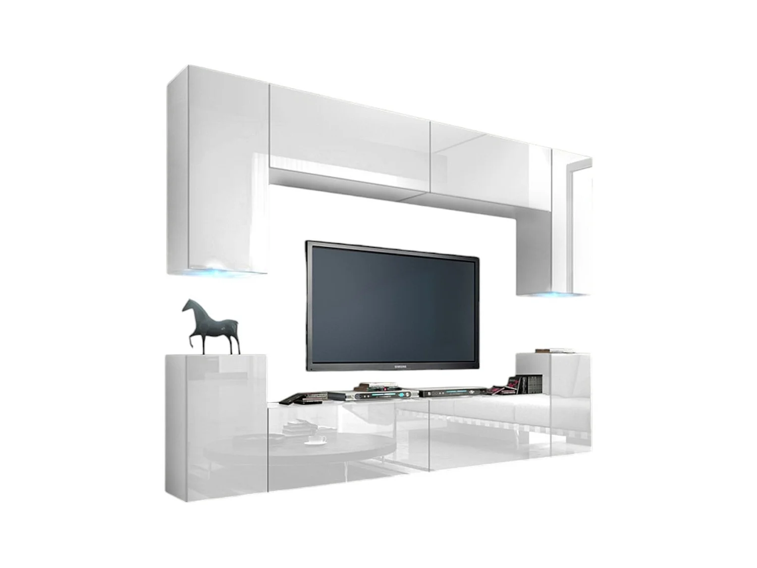 Witte hangende woonkamer meubelset collectie CEPTO I 240cm, 8 deuren, 6 planken, leds.