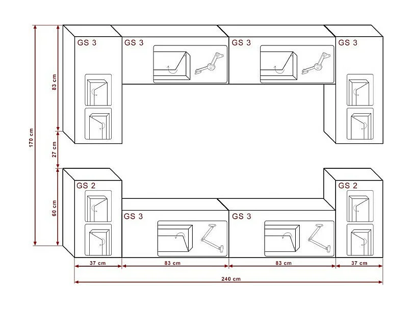 Conjunto de móveis de sala de estar brancos suspensos coleção CEPTO I 240cm, 8 portas, 6 prateleiras, leds.