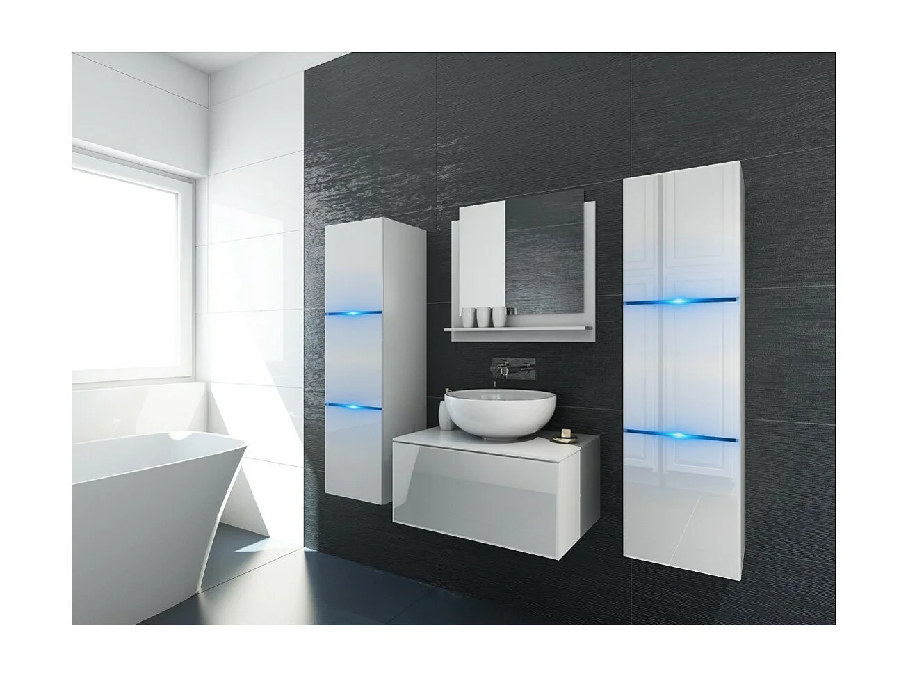 Hängender Waschtischunterschrank aus der OWL-Kollektion, in Mattweiß und Glanzweiß, ideal für ein Designer-Badezimmer.