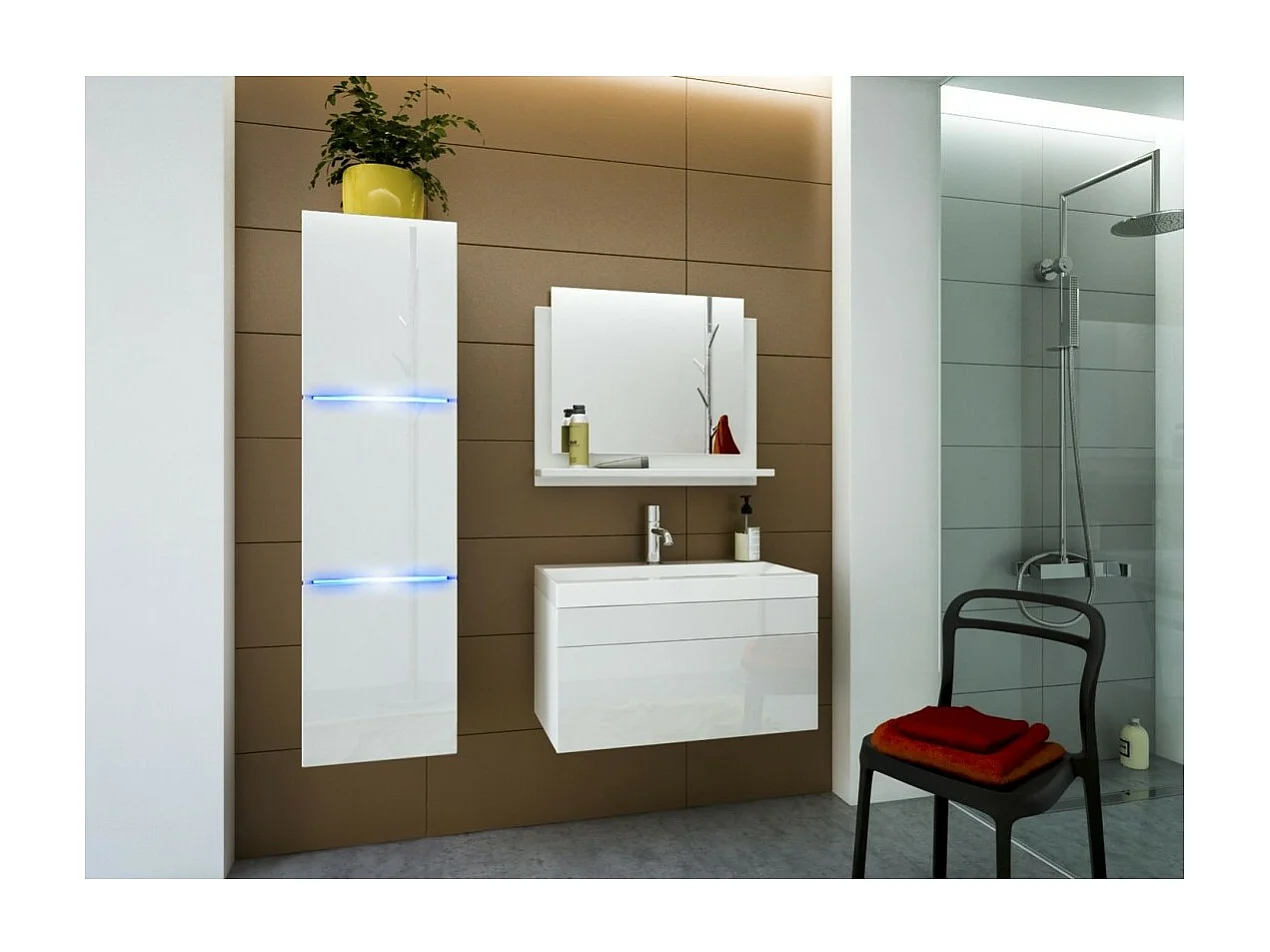 Meuble sous vasque suspendu collection RAVEN, coloris blanc mat et brillant, avec vasque et siphon inclus