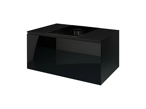 Meuble sous vasque suspendu collection OWL, noir mat et brillant, plaque en verre noir, idéal pour salle de bain