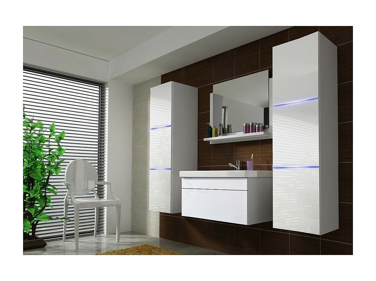 Meuble sous vasque 80cm suspendu collection RAVEN, coloris blanc mat et brillant, avec vasque et siphon inclus