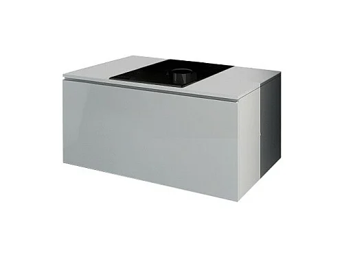 Meuble sous vasque suspendu collection OWL, blanc mat et brillant, plaque en verre noir, idéal pour salle de bain
