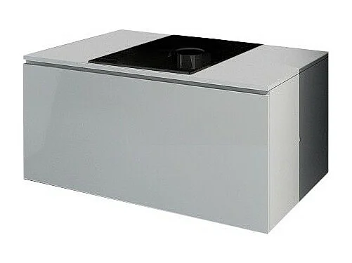 Meuble sous vasque suspendu collection OWL, blanc mat et brillant, plaque en verre noir, idéal pour salle de bain