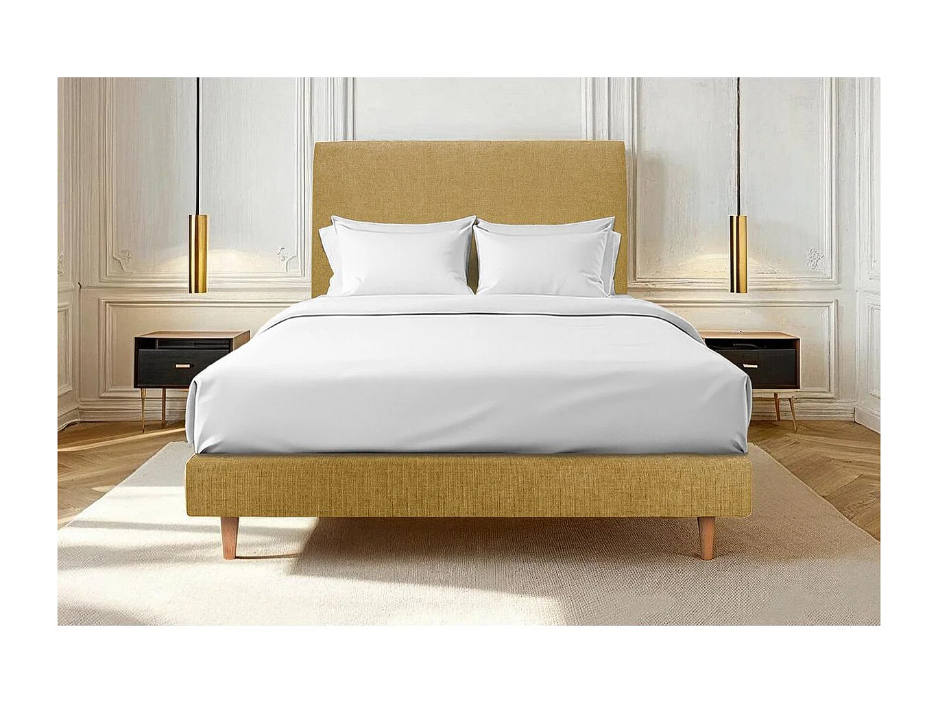 Sommier Tapissier Tissu Jaune 140x190 H29cm