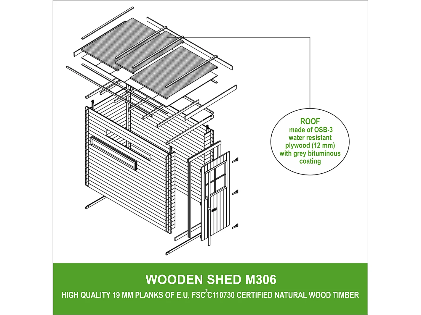 Abri de jardin en bois - l239xL144xH198 cm/2.63 m2 - TIMBELA M306