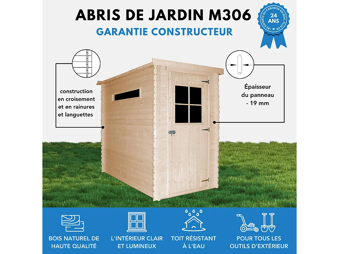 Abri de jardin en bois - l239xL144xH198 cm/2.63 m2 - M306