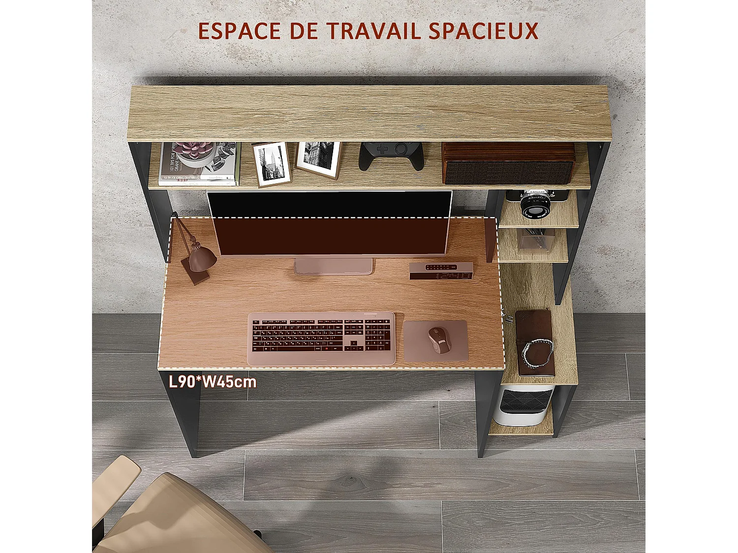 Bureau multi-rangement 5 étagères dim. 114L x 45l x 138H cm gris aspect chêne clair