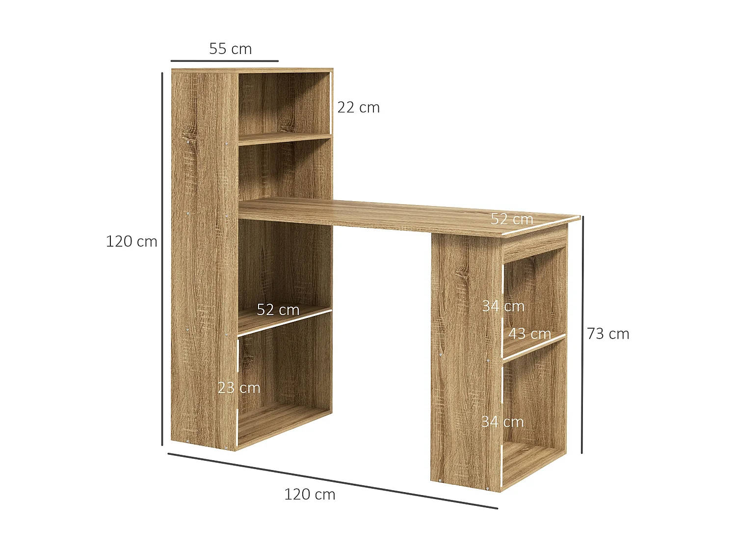 Bureau informatique 120L x 55l x 120H cm bibliothèque adjacente multi-rangements bois chêne