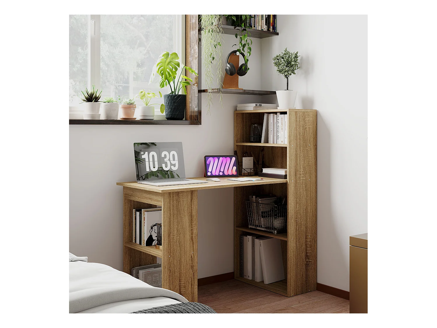Bureau informatique 120L x 55l x 120H cm bibliothèque adjacente multi-rangements bois chêne