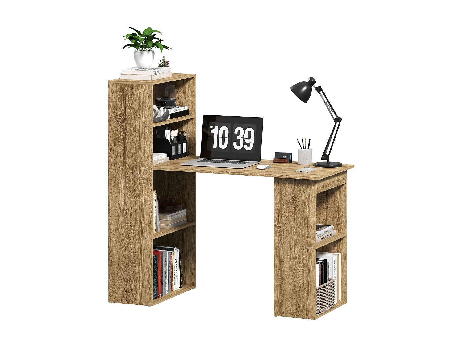 Bureau informatique 120L x 55l x 120H cm bibliothèque adjacente multi-rangements bois chêne