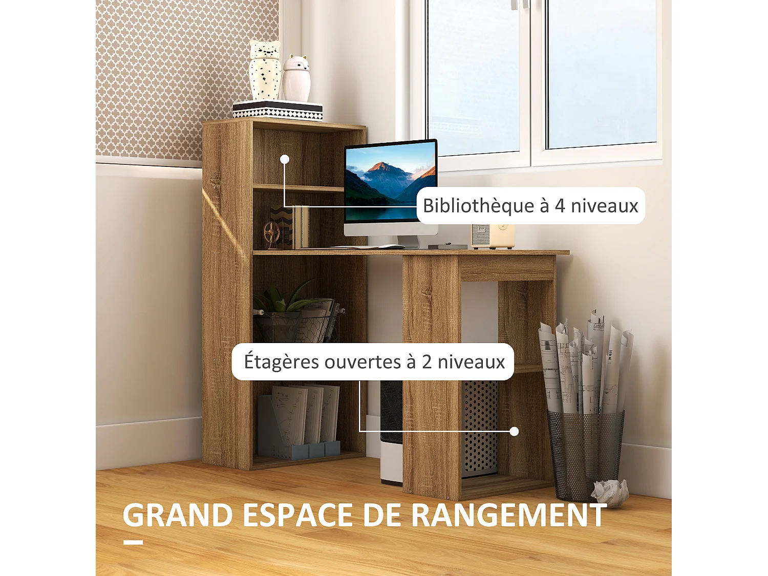 Bureau informatique 120L x 55l x 120H cm bibliothèque adjacente multi-rangements bois chêne
