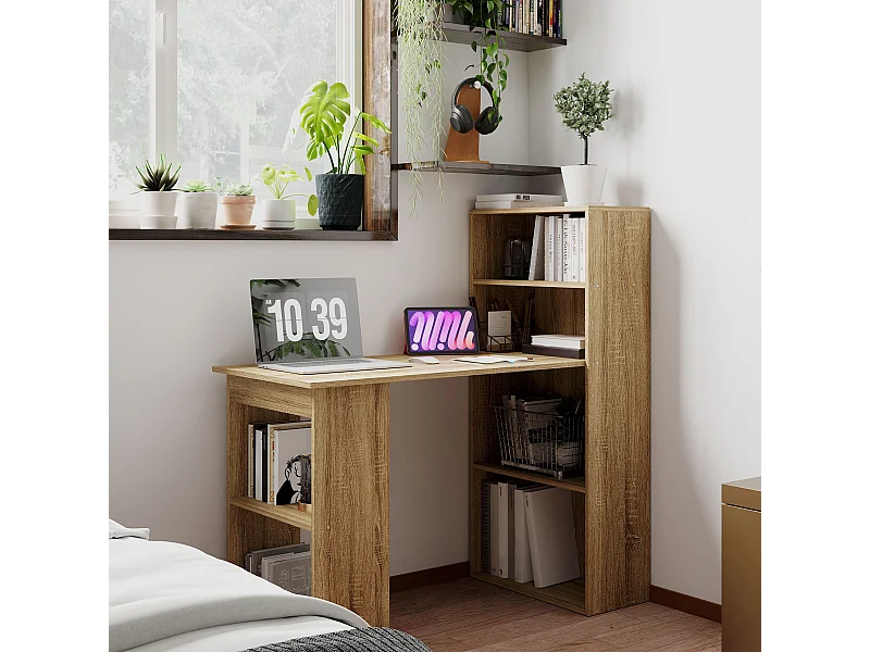 Bureau informatique 120L x 55l x 120H cm bibliothèque adjacente multi-rangements bois chêne