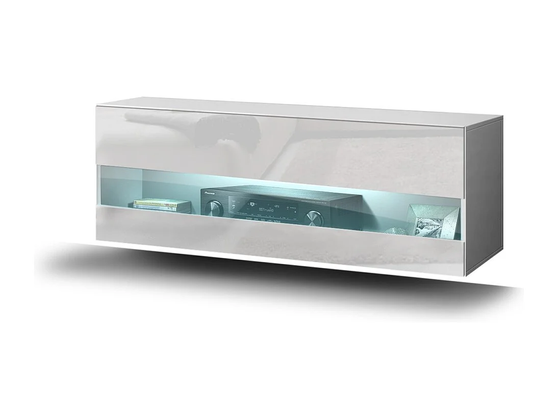 Meuble de salon blanc collection CEPTO 37x91cm, 1 porte avec vitre, 2 étagères.