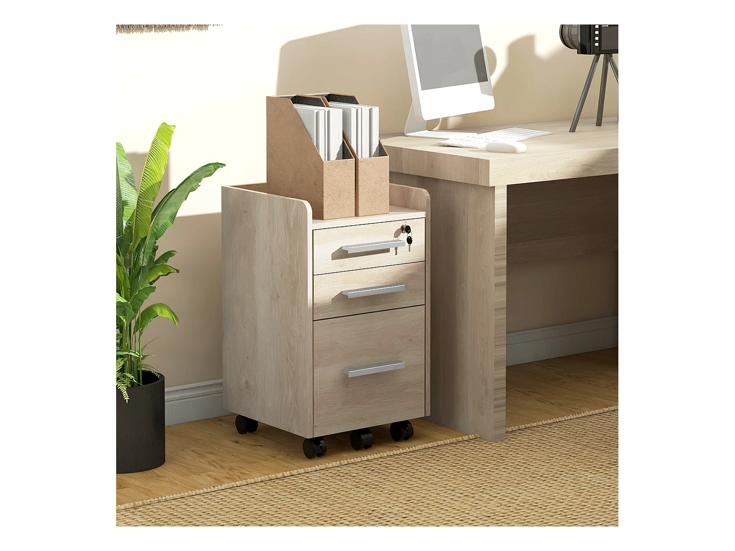 Caisson de bureau rangement bureau sur roulettes 3 tiroirs 1 verrouillable 1 trieur dossiers effet chêne clair