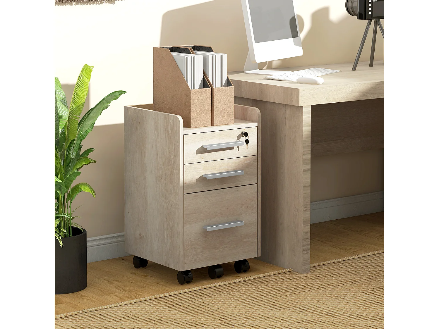 Caisson de bureau rangement bureau sur roulettes 3 tiroirs 1 verrouillable 1 trieur dossiers effet chêne clair
