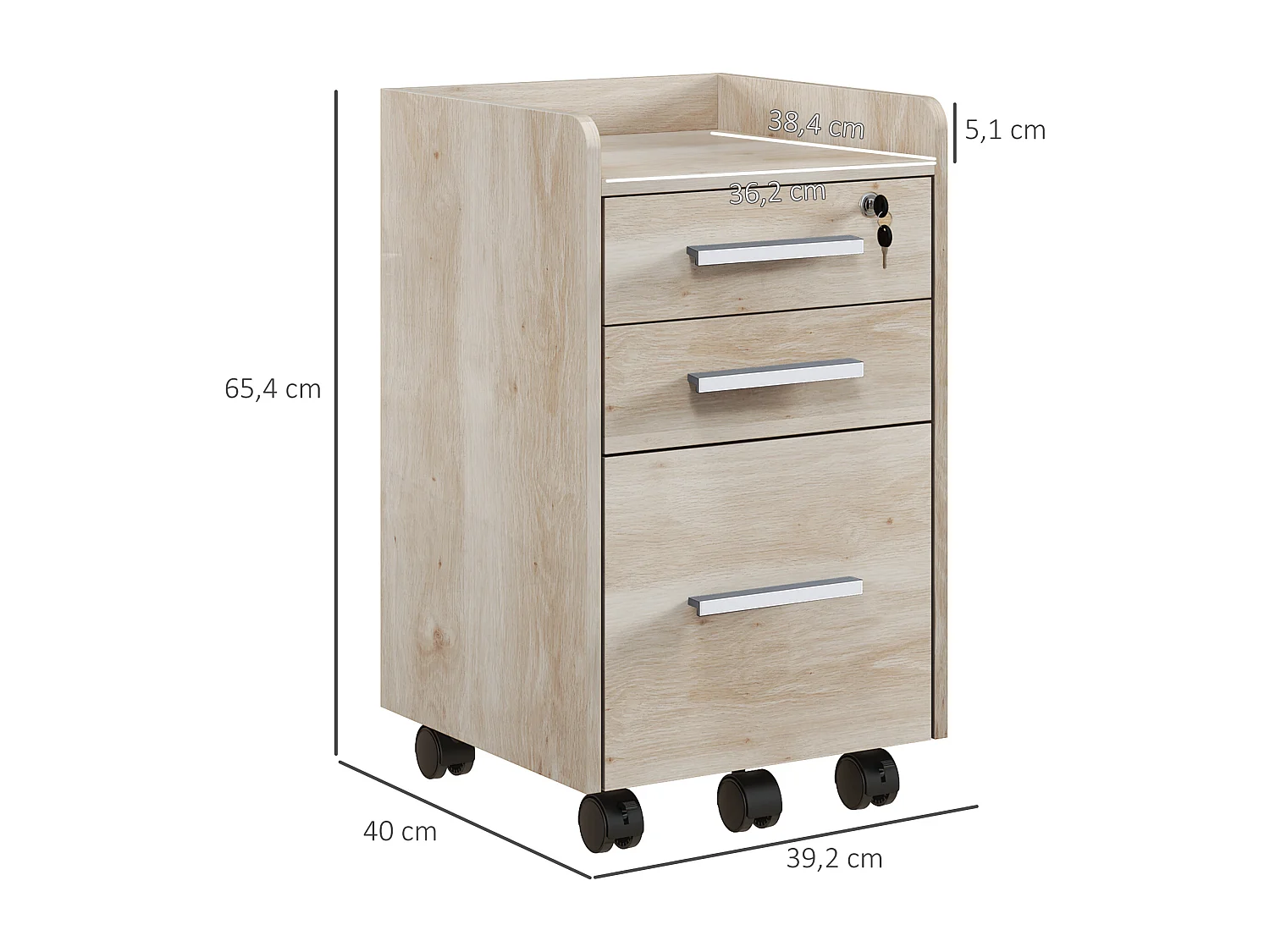 Caisson de bureau rangement bureau sur roulettes 3 tiroirs 1 verrouillable 1 trieur dossiers effet chêne clair