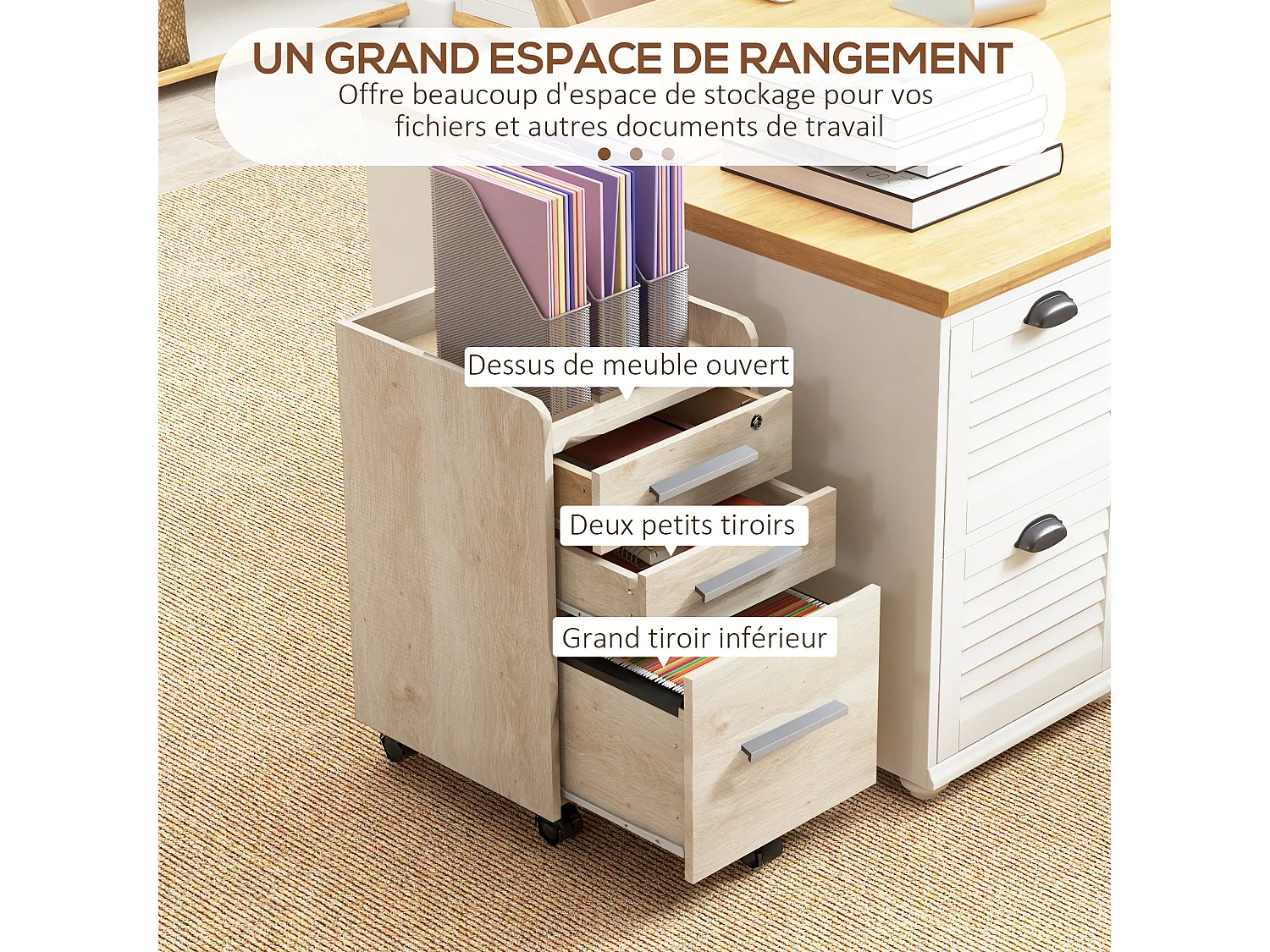 Caisson de bureau rangement bureau sur roulettes 3 tiroirs 1 verrouillable 1 trieur dossiers effet chêne clair