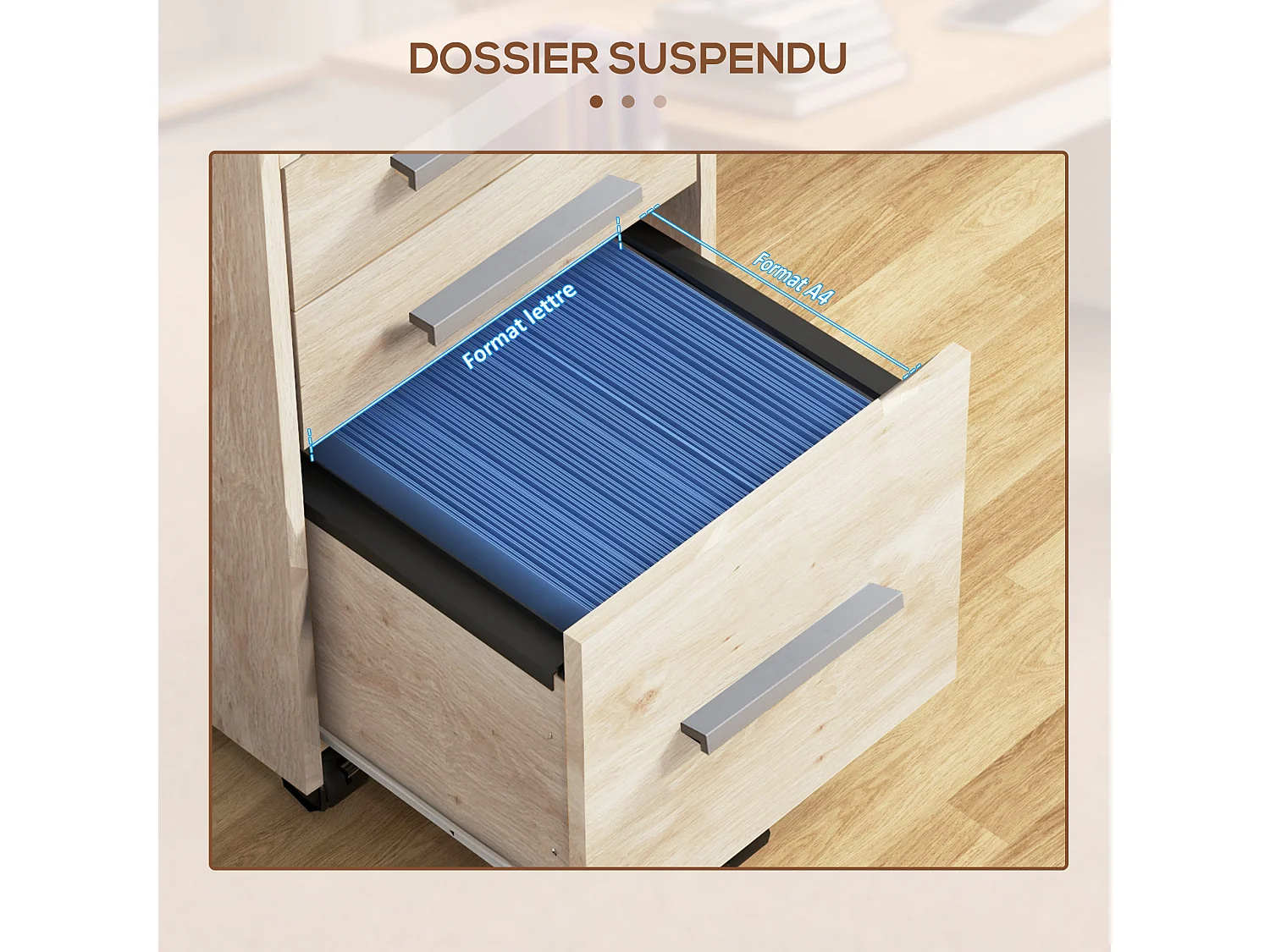 Caisson de bureau rangement bureau sur roulettes 3 tiroirs 1 verrouillable 1 trieur dossiers effet chêne clair