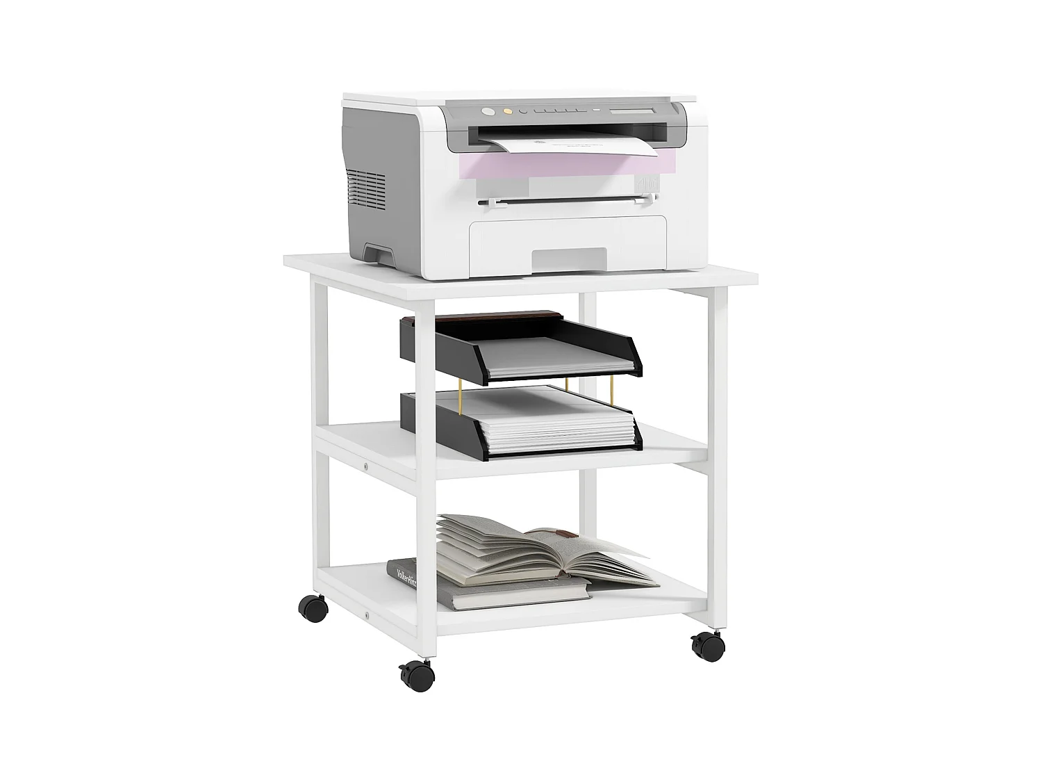 Support d'imprimante desserte de rangement 3 niveaux plateau 2 étagères acier panneaux blanc