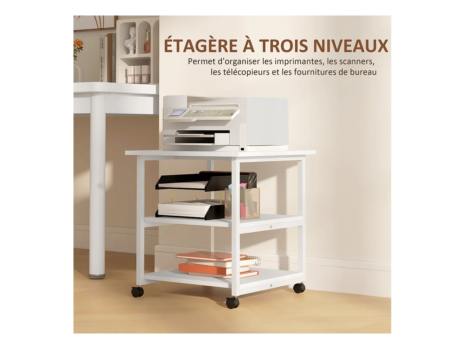 Support d'imprimante desserte de rangement 3 niveaux plateau 2 étagères acier panneaux blanc