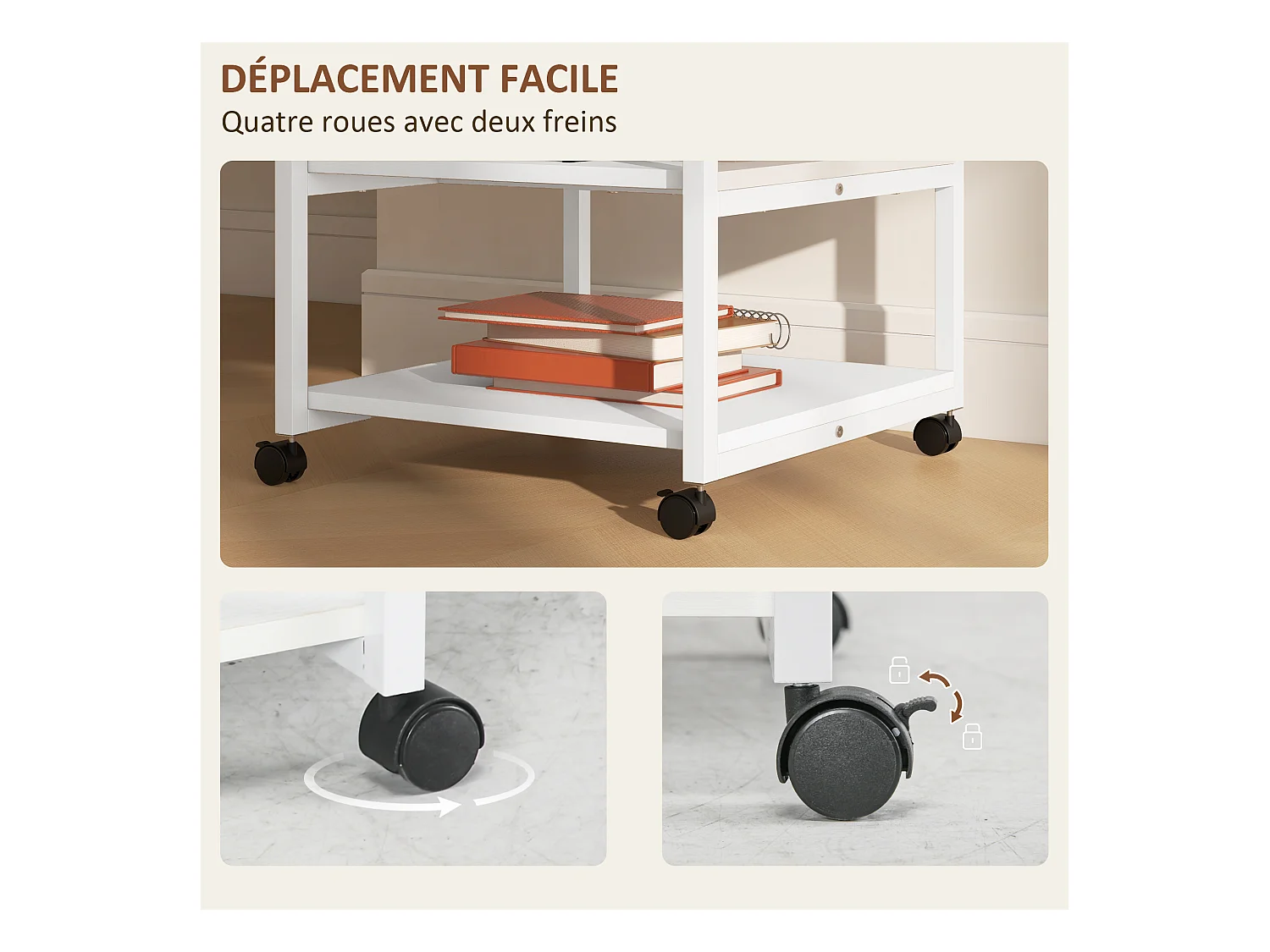 Support d'imprimante desserte de rangement 3 niveaux plateau 2 étagères acier panneaux blanc