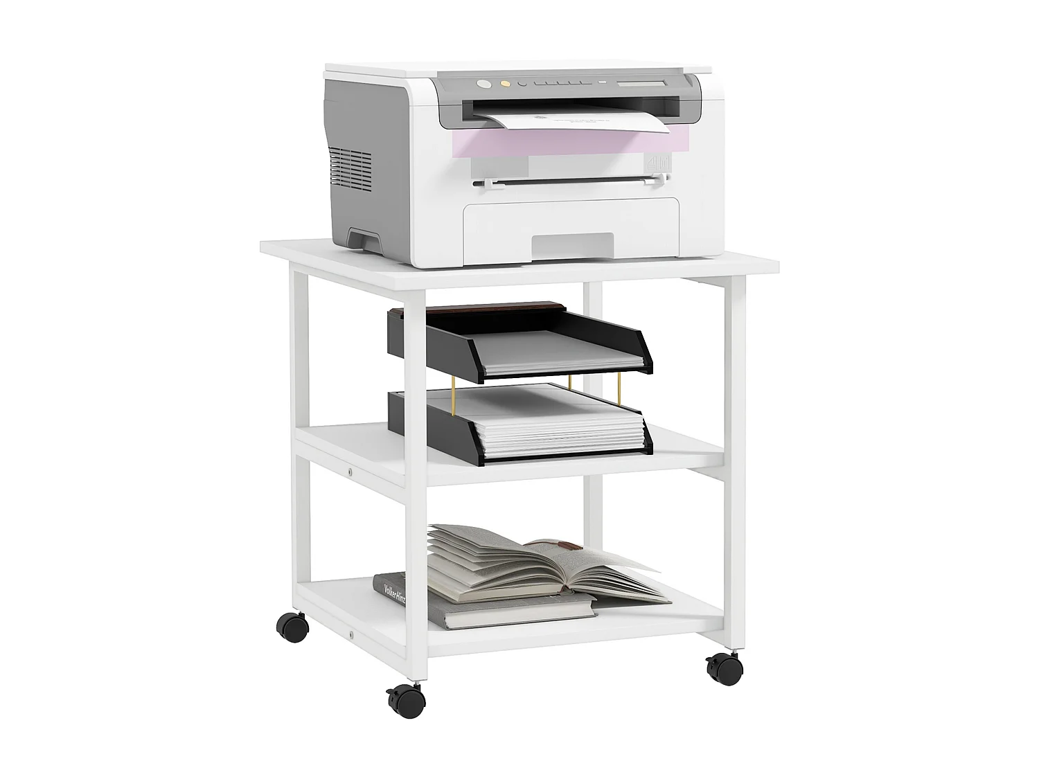 Support d'imprimante desserte de rangement 3 niveaux plateau 2 étagères acier panneaux blanc