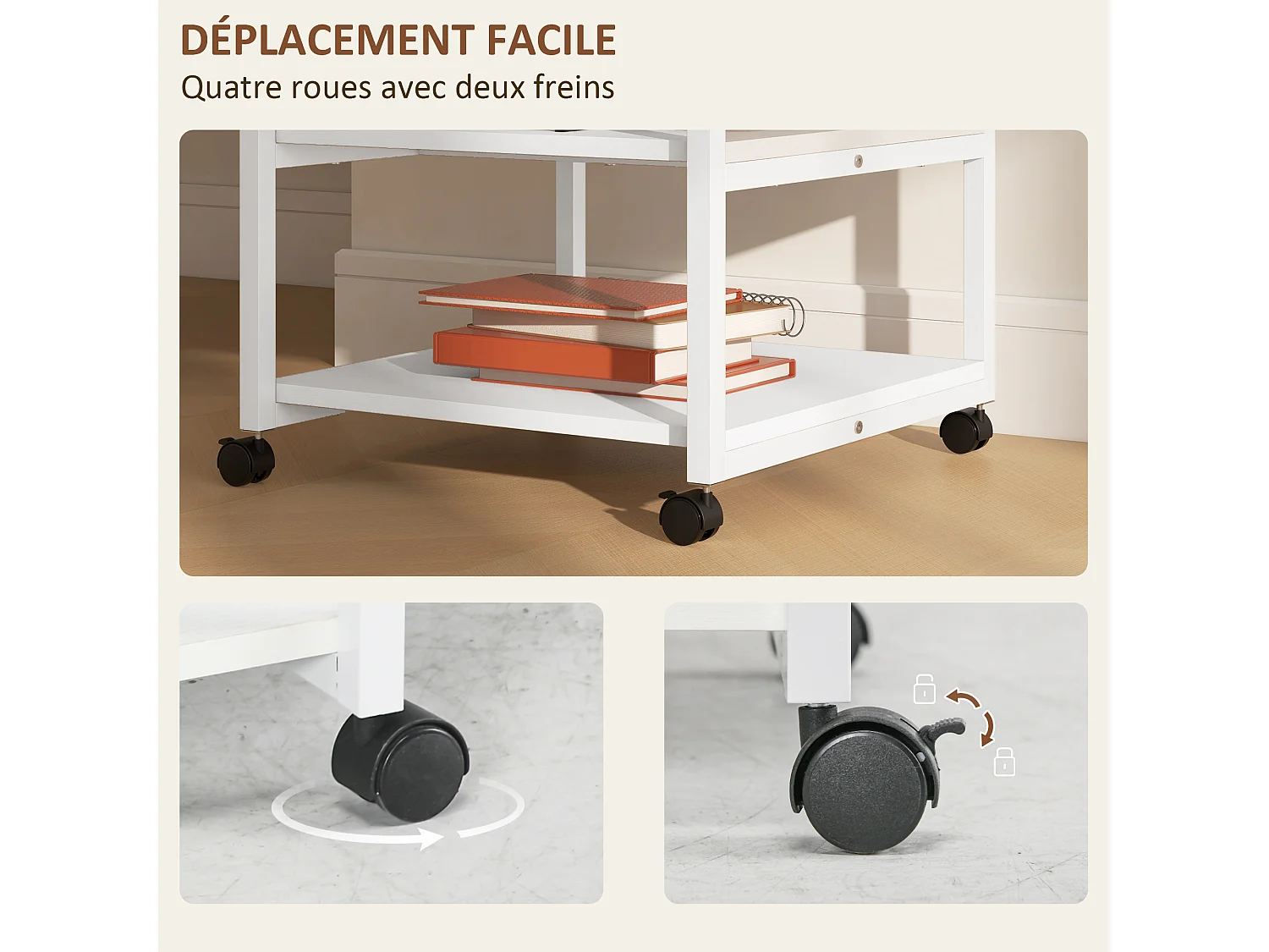 Support d'imprimante desserte de rangement 3 niveaux plateau 2 étagères acier panneaux blanc