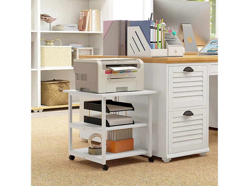 Support d'imprimante desserte de rangement 3 niveaux plateau 2 étagères acier panneaux blanc