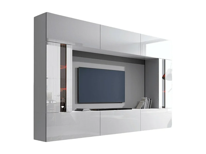 Conjunto de muebles de salón blancos, colgantes colección CEPTO XXVIII. 249cm, 8 muebles, leds, modulares.