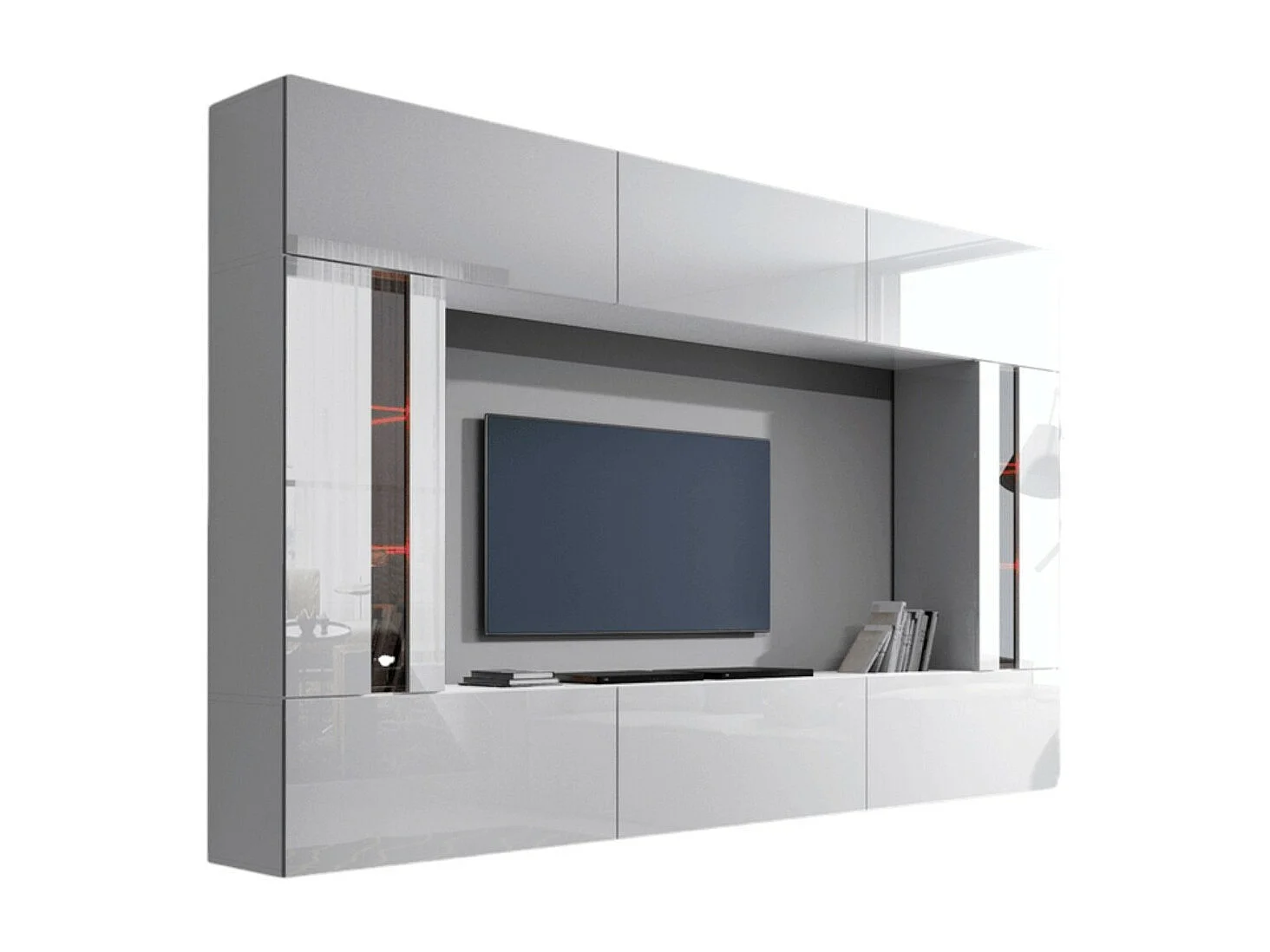 Conjunto de muebles de salón blancos, colgantes colección CEPTO XXVIII. 249cm, 8 muebles, leds, modulares.