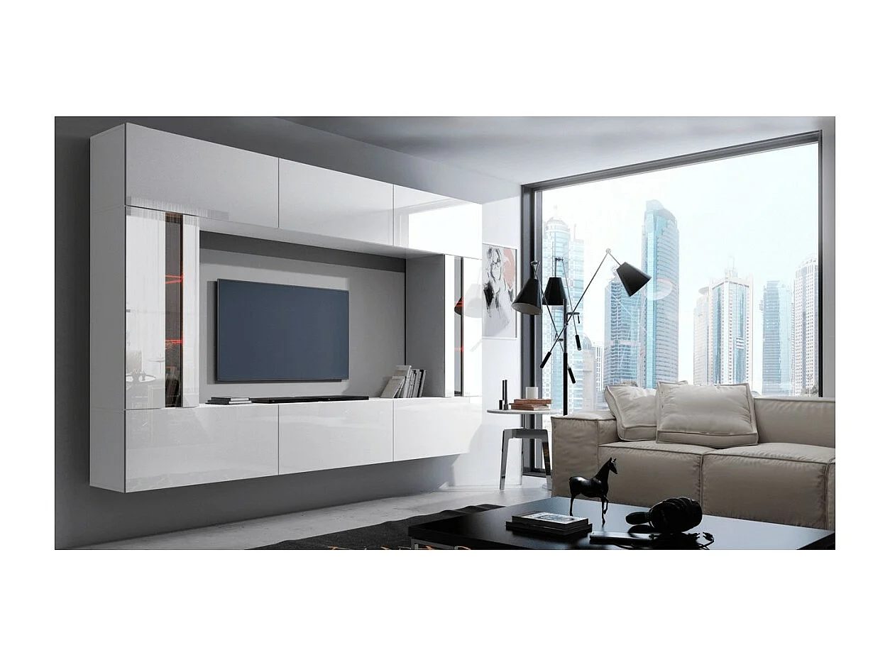 Conjunto de muebles de salón blancos, colgantes colección CEPTO XXVIII. 249cm, 8 muebles, leds, modulares.