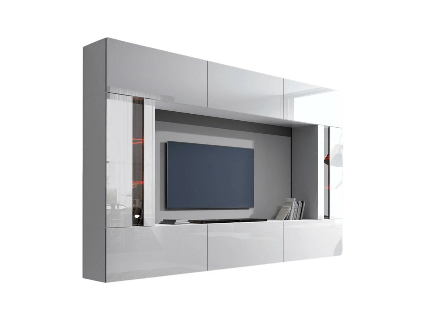Ensemble de meubles de salon blanc, suspendus collection CEPTO XXVIII. 249cm, 8 meubles, leds, modulables.