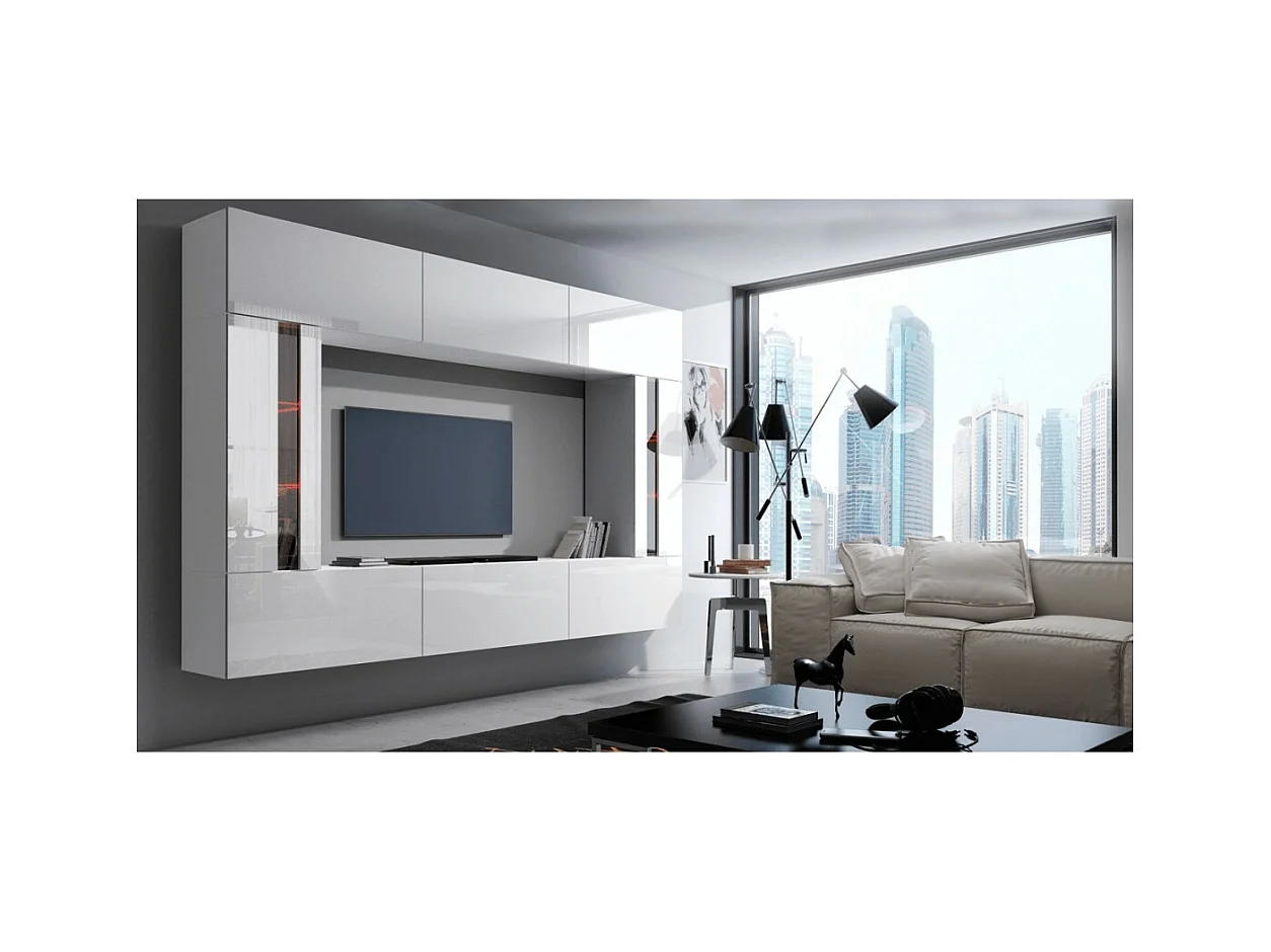 Conjunto de móveis de sala de estar brancos, suspensos, coleção CEPTO XXVIII. 249cm, 8 móveis, com LEDs, modulares.