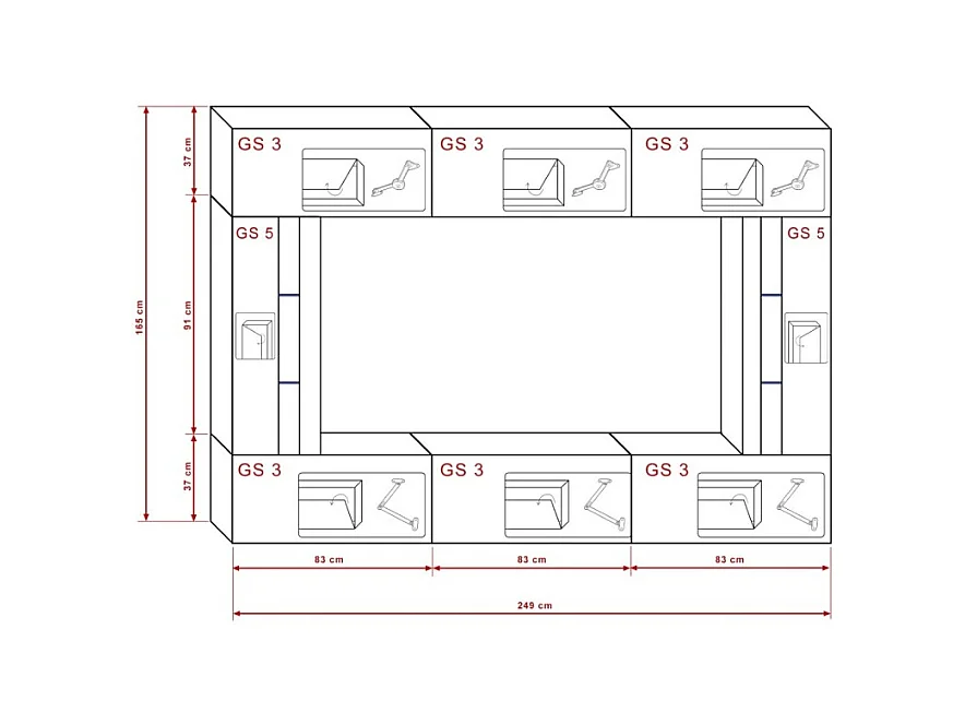 Conjunto de móveis de sala de estar brancos, suspensos, coleção CEPTO XXVIII. 249cm, 8 móveis, com LEDs, modulares.