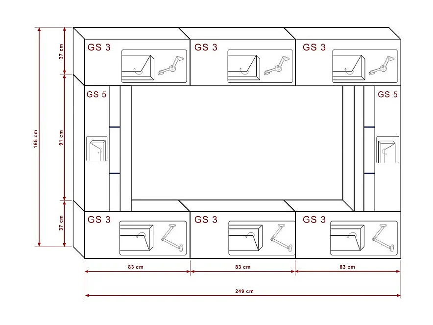Conjunto de móveis de sala de estar brancos, suspensos, coleção CEPTO XXVIII. 249cm, 8 móveis, com LEDs, modulares.