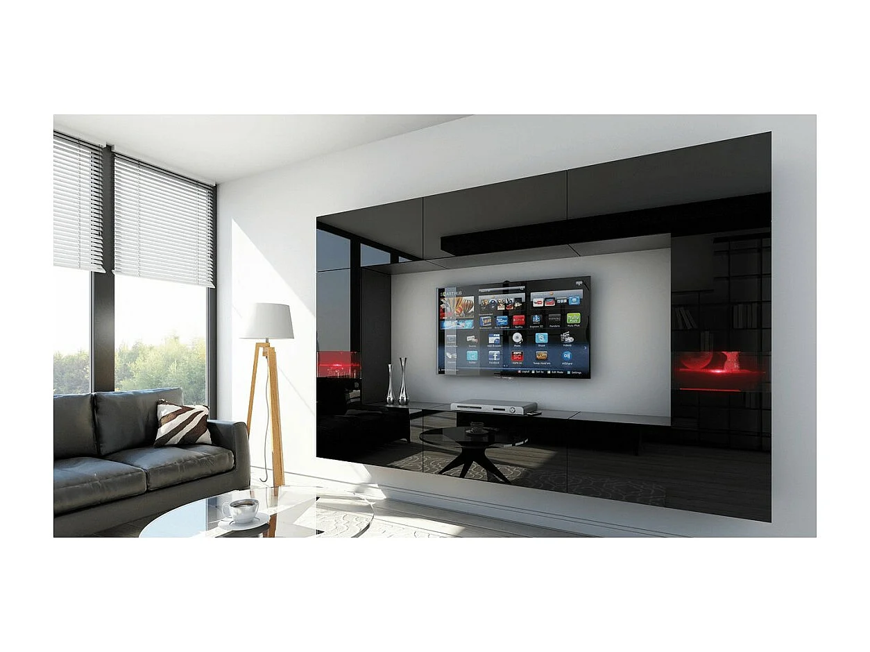 Set di mobili da salotto nero, sospesi collezione CEPTO XXIX. 249cm, 8 pezzi, con LED, modulari.