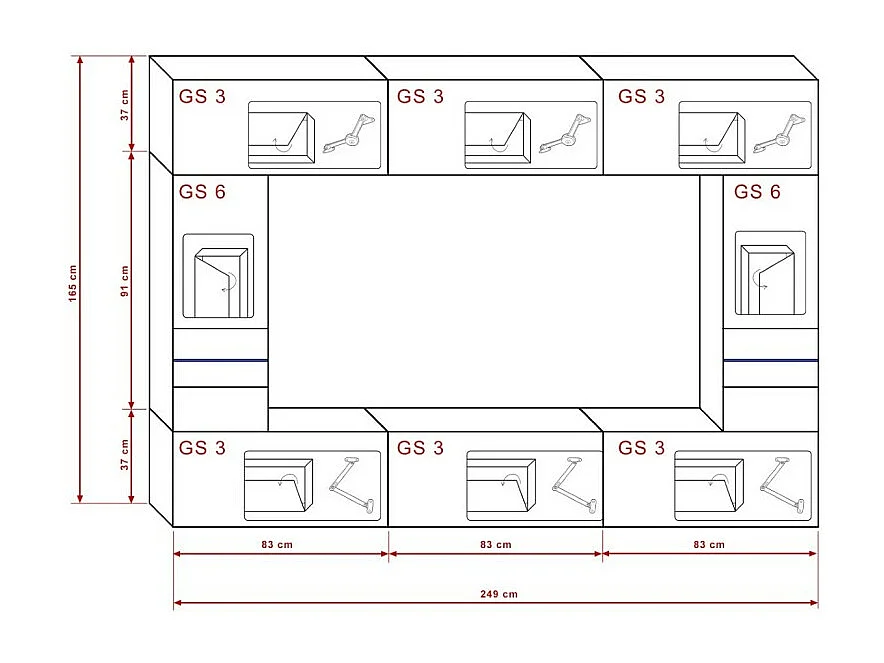 Set di mobili da salotto nero, sospesi collezione CEPTO XXIX. 249cm, 8 pezzi, con LED, modulari.