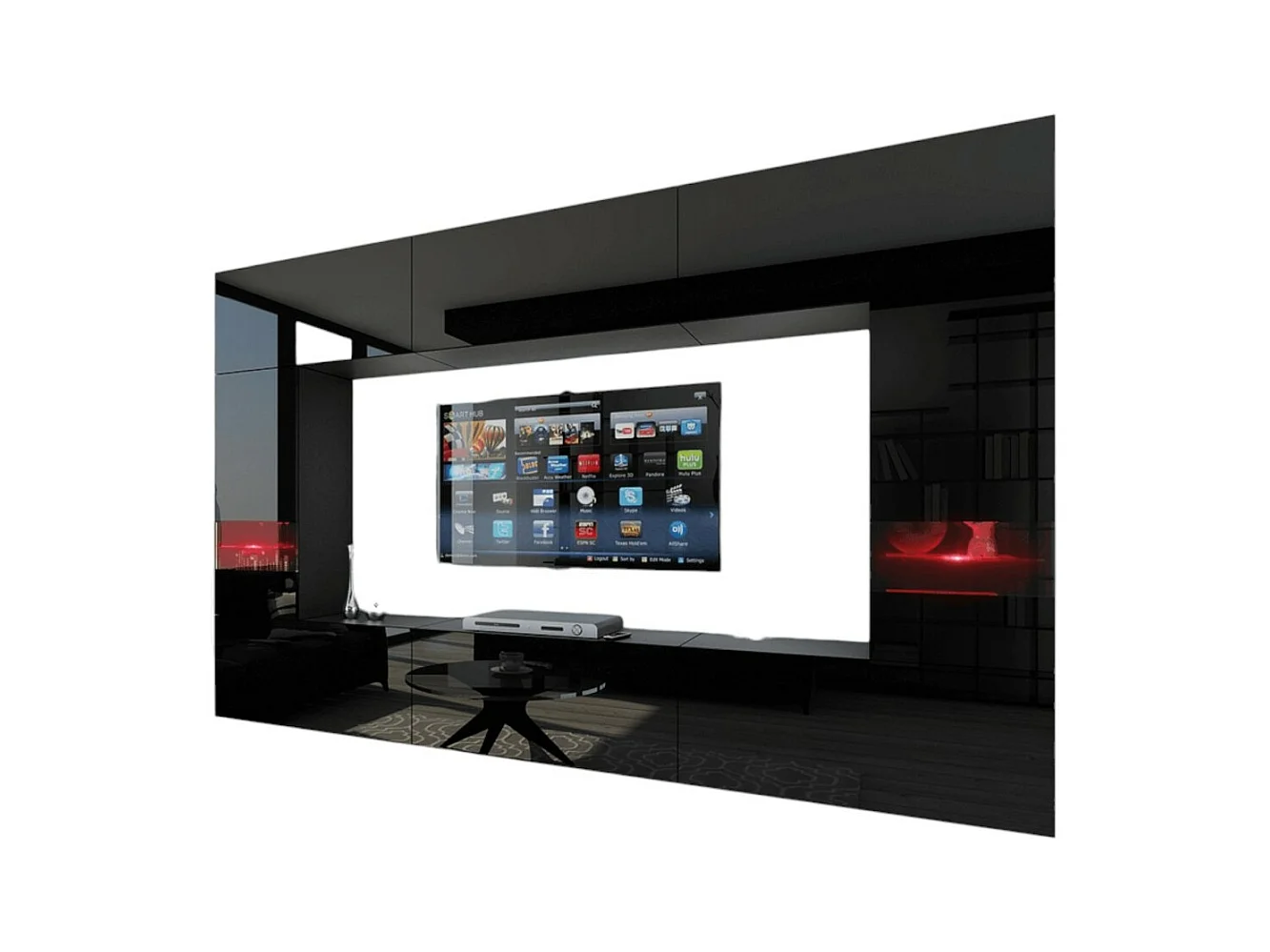 Ensemble de meubles de salon noir, suspendus collection CEPTO XXIX. 249cm, 8 meubles, leds, modulables.