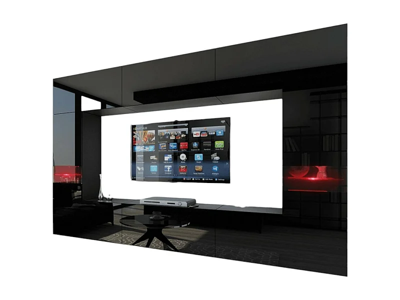 Zwarte woonkamerset, zwevend, collectie CEPTO XXIX. 249cm, 8 meubelstukken, leds, modulair.