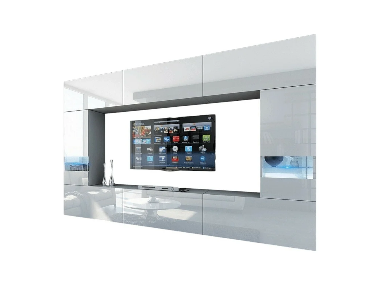 Ensemble de meubles de salon blanc, suspendus collection CEPTO XXIX. 249cm, 8 meubles, leds, modulables.