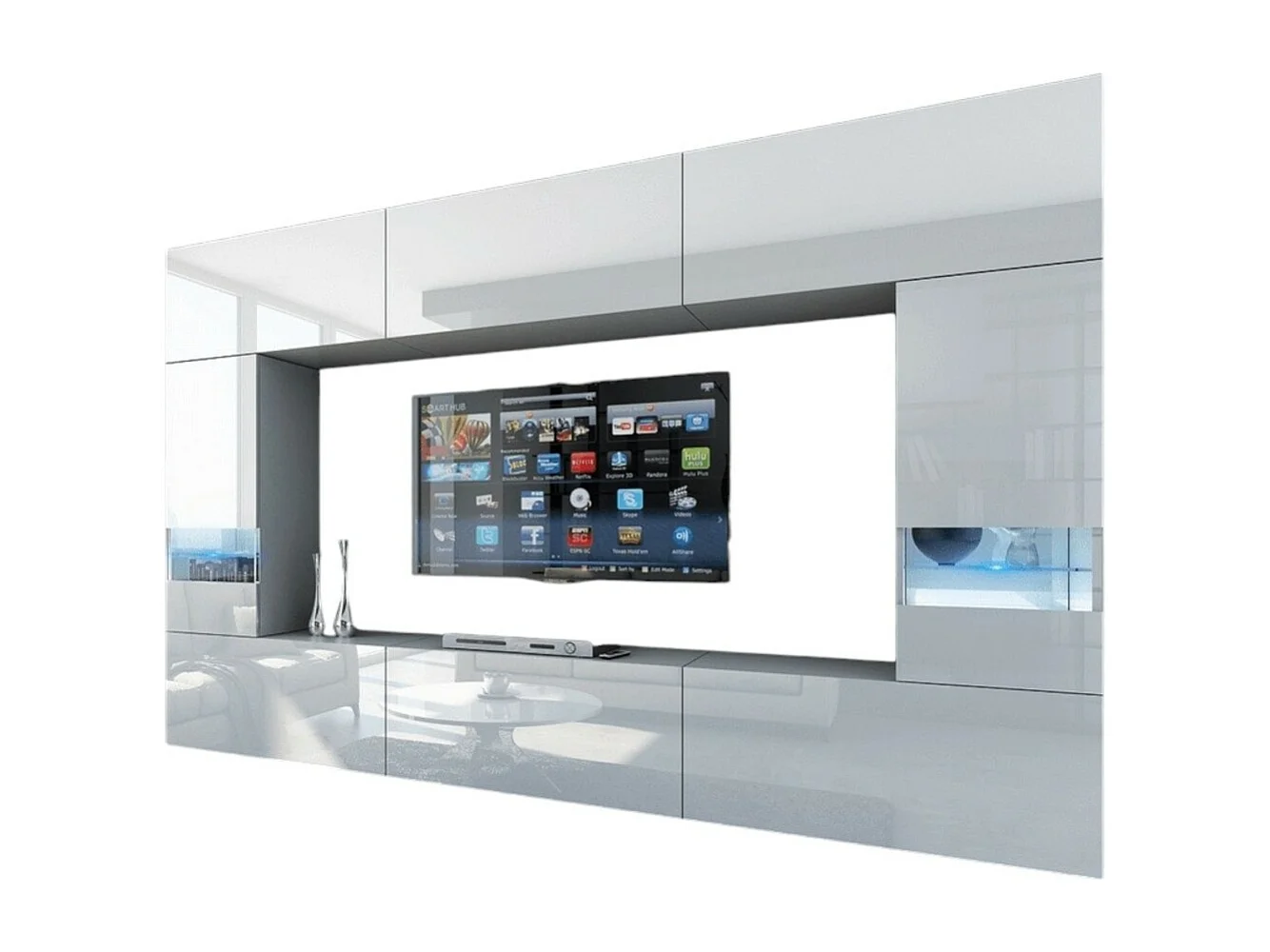 Witte woonkamermeubelset, hangend, collectie CEPTO XXIX. 249cm, 8 meubels, leds, modulair.