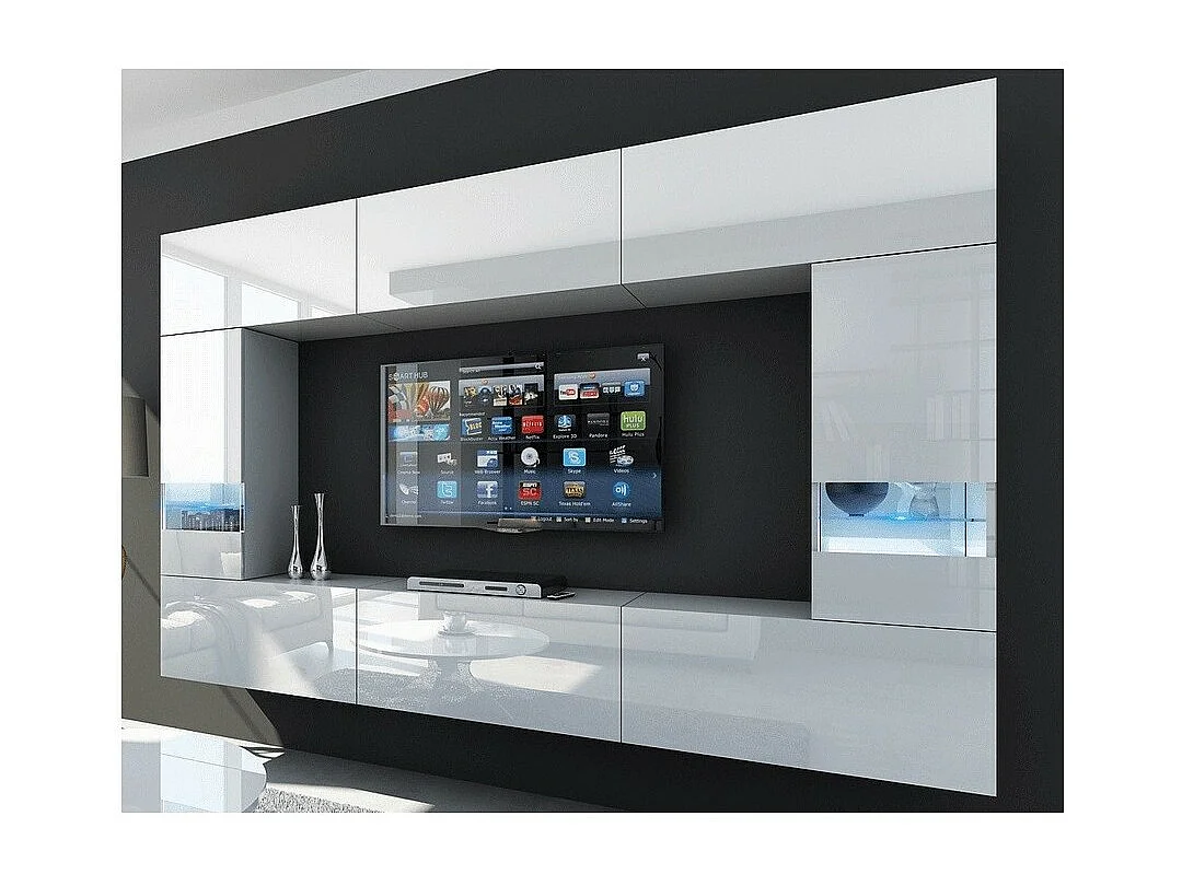 Witte woonkamermeubelset, hangend, collectie CEPTO XXIX. 249cm, 8 meubels, leds, modulair.