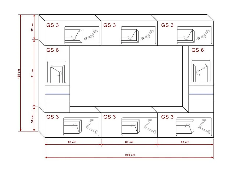 Witte woonkamermeubelset, hangend, collectie CEPTO XXIX. 249cm, 8 meubels, leds, modulair.