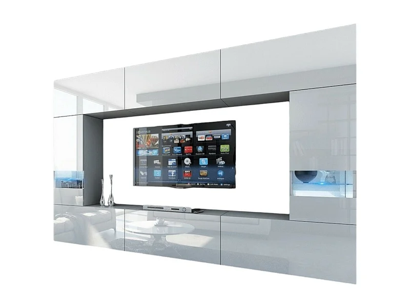 Witte woonkamermeubelset, hangend, collectie CEPTO XXIX. 249cm, 8 meubels, leds, modulair.