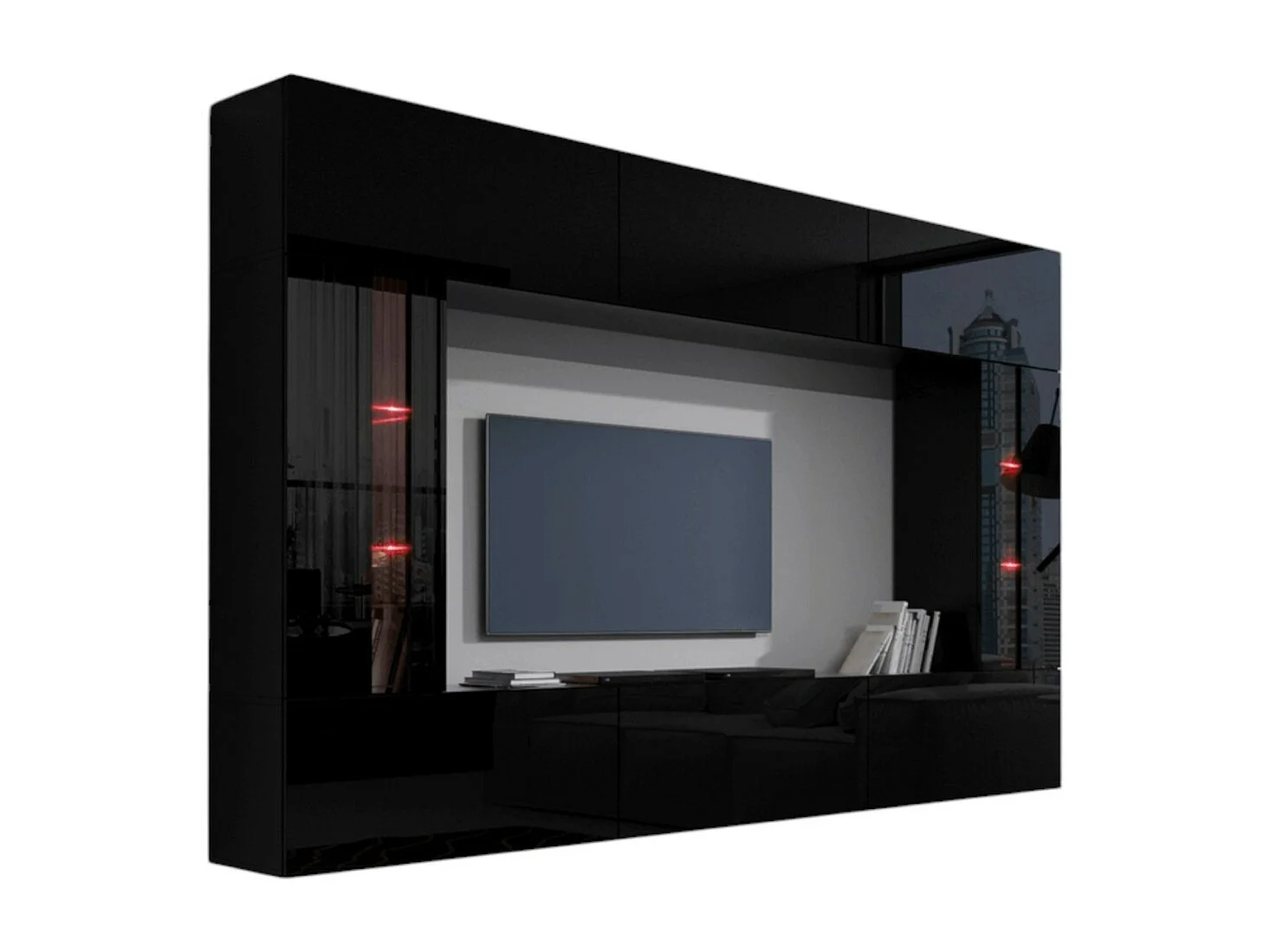 Schwarze Wohnzimmermöbel-Set, hängend, Kollektion CEPTO XXVIII. 249 cm, 8 Möbelstücke, LEDs, modular.