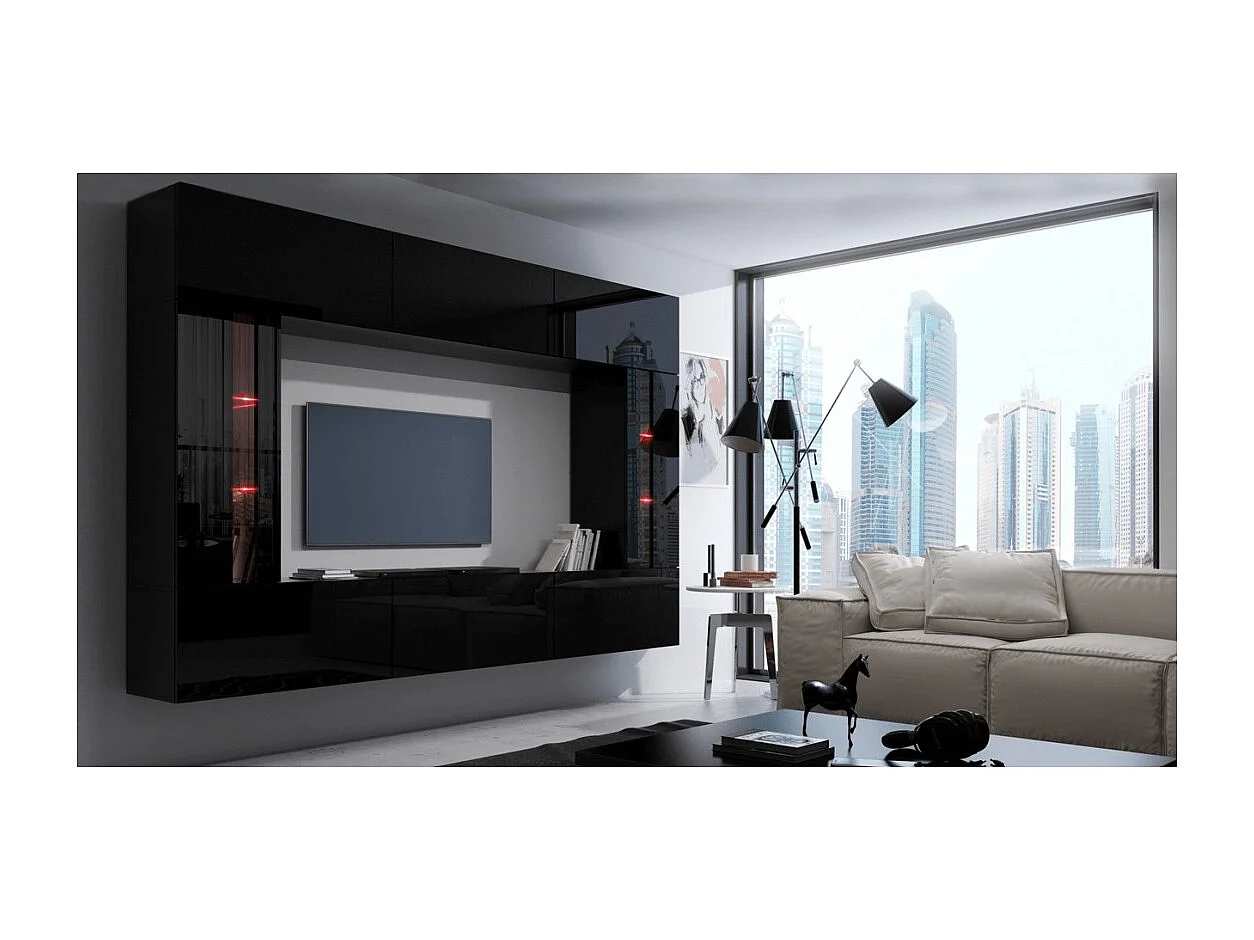 Schwarze Wohnzimmermöbel-Set, hängend, Kollektion CEPTO XXVIII. 249 cm, 8 Möbelstücke, LEDs, modular.