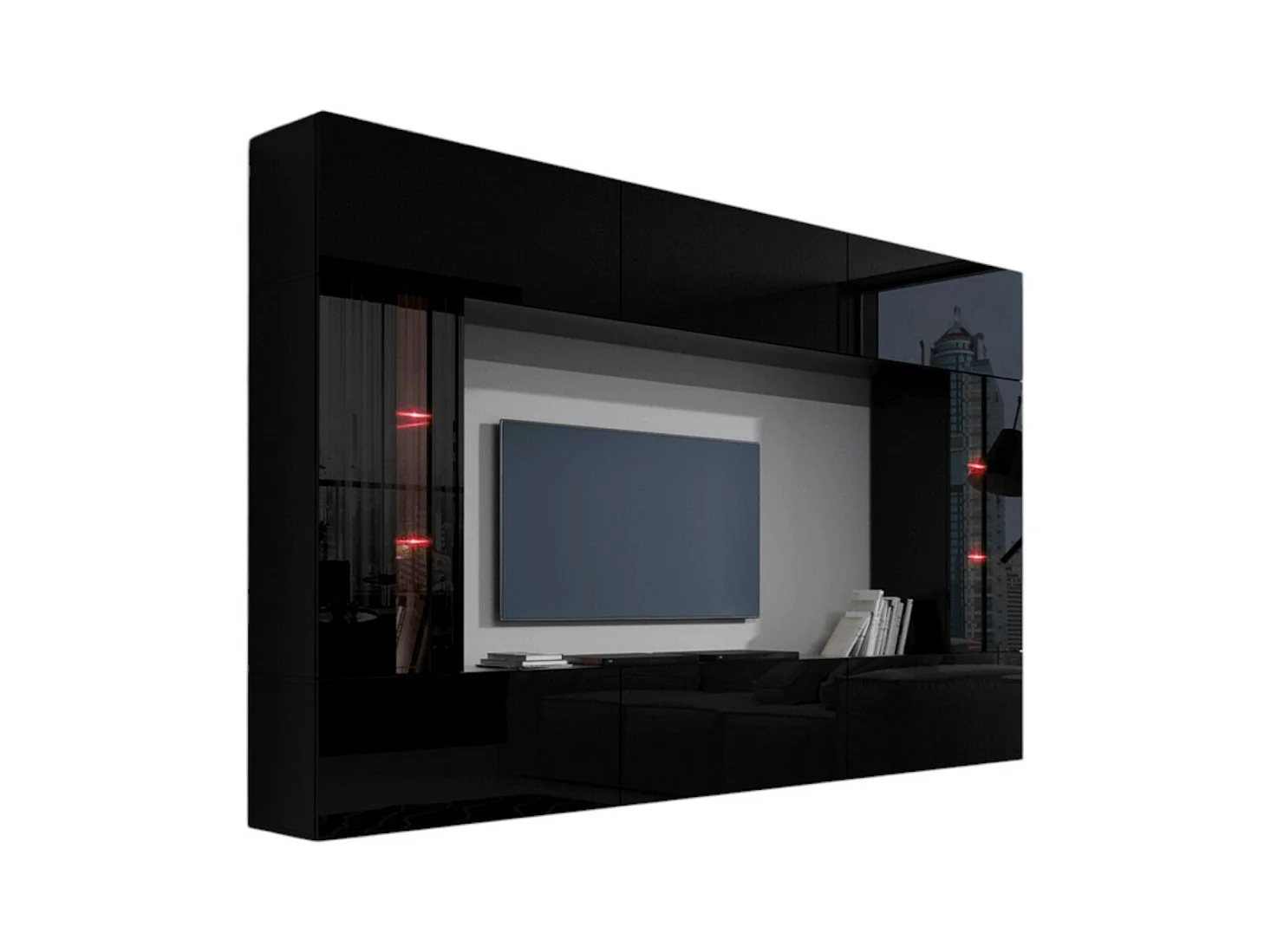 Zwart woonkamermeubelset, zwevend, collectie CEPTO XXVIII. 249cm, 8 meubelstukken, ledverlichting, modulair.